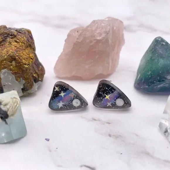 Black Space Galaxy Ouija Planchette Stud Earrings - Picture 7 of 7